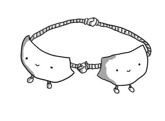 Two robots shaped like the cups of a bra. They each have one long, banded arm reaching behind them to hold hands in the rear clasp position, while their other hands are held at the front. Little legs dangle down from the bottom of each robot.