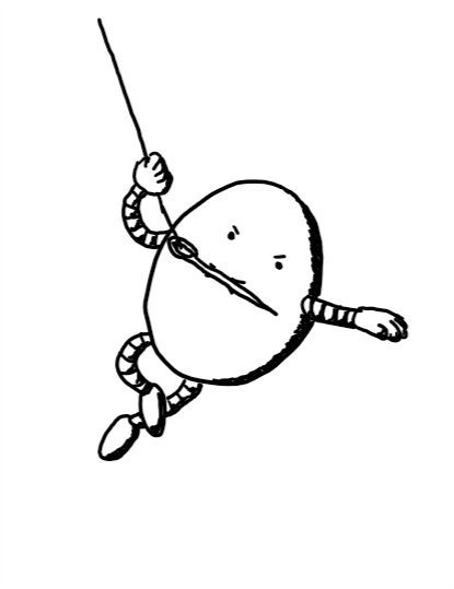 An ovoid robot with a determined expression, clutching a sewing needle lengthways in its mouth with thread looped on the end that its swinging from like it's in an action movie.