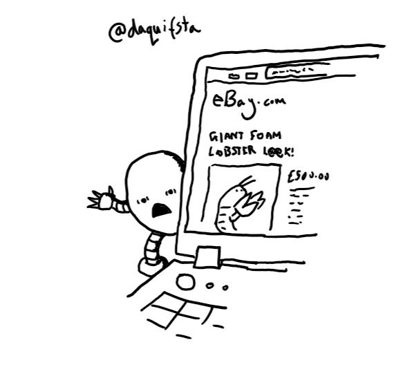 A laptop open on an eBay listing for 'GIANT FOAM LOBSTER L@@K', priced at £500, with a round robot peering around the screen waving a hand with an expression of alarm on its face.