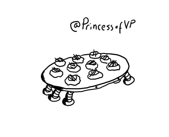 A circular tray robot with little eyes on the front, loaded with puff pastry canapés of some kind and with six banded legs on the bottom.