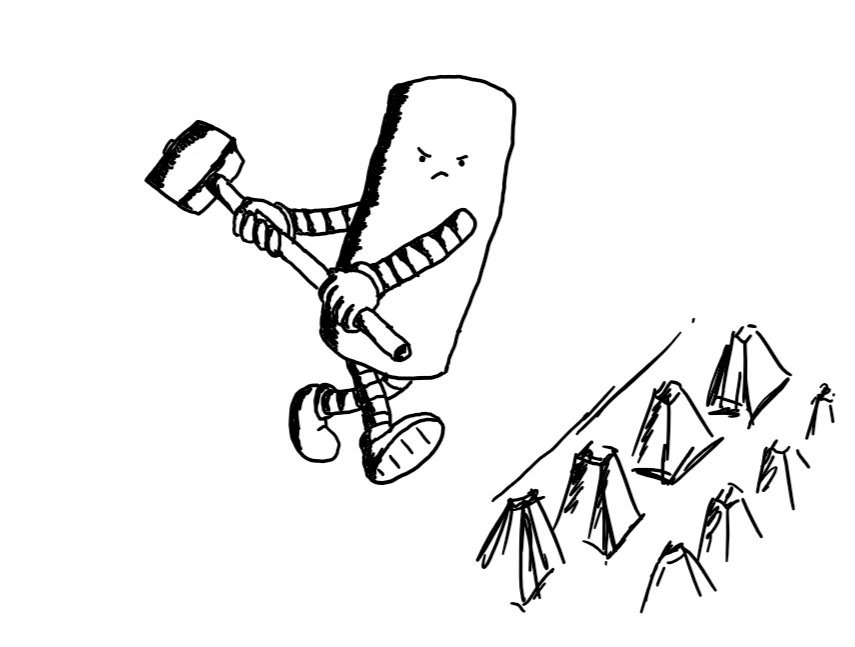 A tall, cylindrical robot angrily wielding a sledgehammer and advancing on a set of concrete spikes.