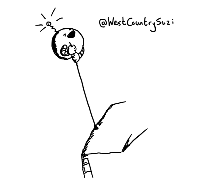 A spherical robot with arms but no legs holding onto the end of a car aerial. Its mouth is open and its eyes screwed up as if yelling and it has an antenna on its head with a flashing light on the end.