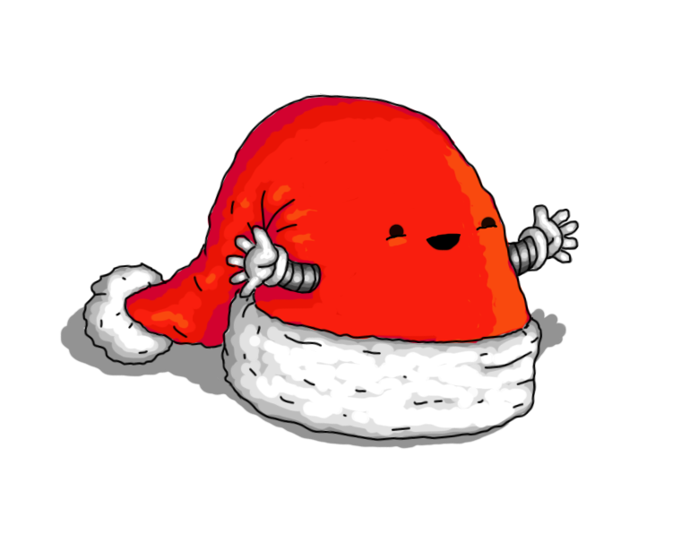 A robot in the form of a Santa hat, with two little banded arms on the side and a smiley face on the front.