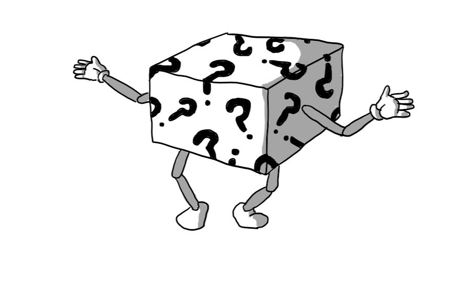 A box covered in question marks that has jointed arms and legs. It's holding out its hands as if shrugging helplessly.