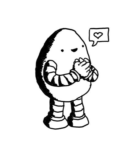 An egg-shaped robot making the BSL sign for love as it smiles. A speech bubble is coming from its mouth with a heart in it.