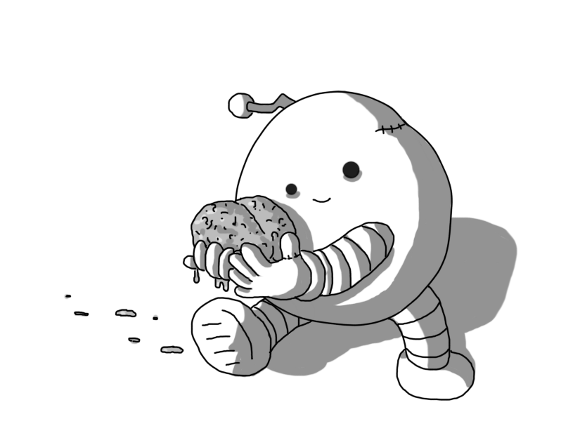 A slightly misshapen robot with banded arms and legs and a crooked antenna which is projecting almost horizontally. It has an irregular gait, and is sort of crab-walking across the frame holding a dripping brain in its hands, leaving a trail of fluids behind it. The robot has some stitch marks across its casing on around the base of one thumb and its eyes are slightly different sizes and at a slight angle. Nonetheless, it seems very happy.