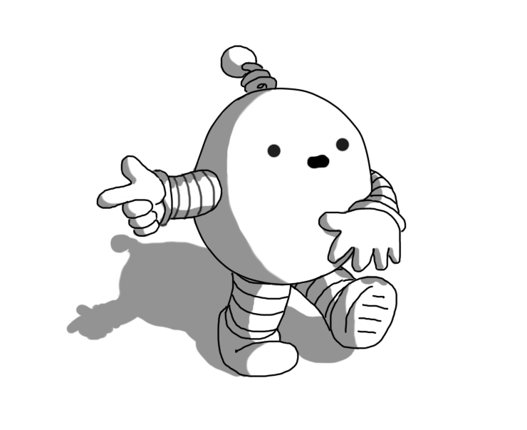 An ovoid robot with banded arms and legs and a coiled antenna. It's pointing at something out of frame and its mouth is open as if explaining something.