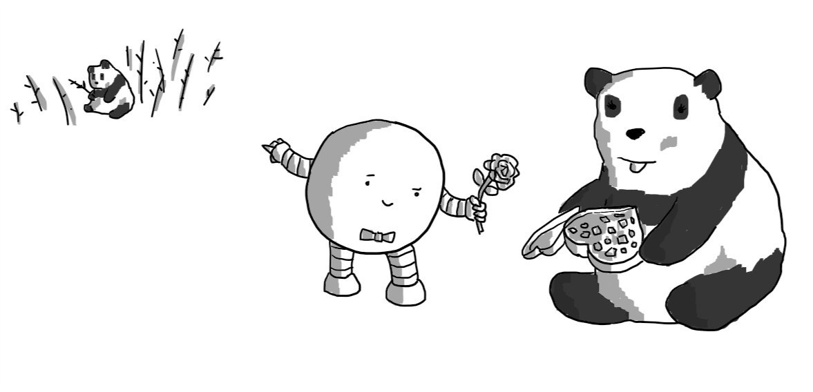 A round robot with a bowtie, giving a rose to a female panda who already has a heart-shaped box of chocolates in her paws. It's pointing backwards with its free hand at a male panda sitting in a bamboo thicket, obviously munching a stalk.