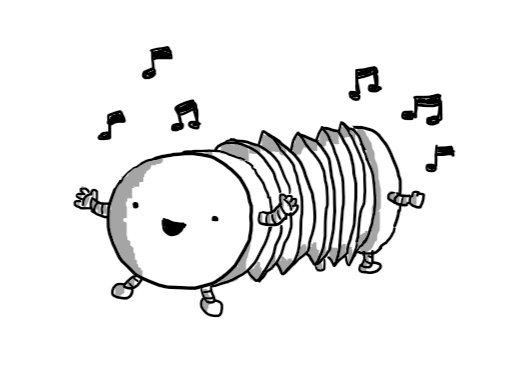 Two cheerful, disc-shaped robots that make up each side of a simple concertina. Each robot has small arms and legs and the whole arrangement is surrounded by musical notes.