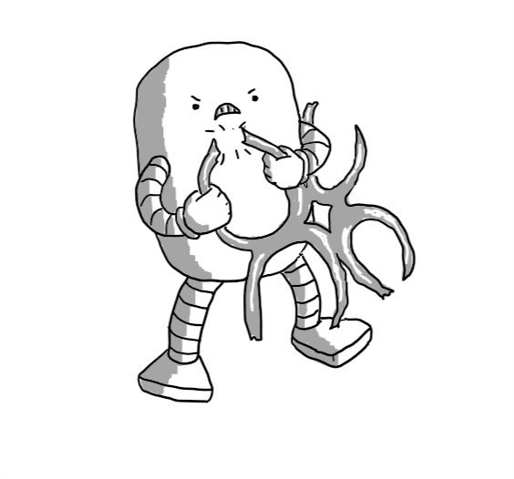 An angry robot shaped like a rounded cylinder, pulling apart a loop in a plastic four-pack ring.