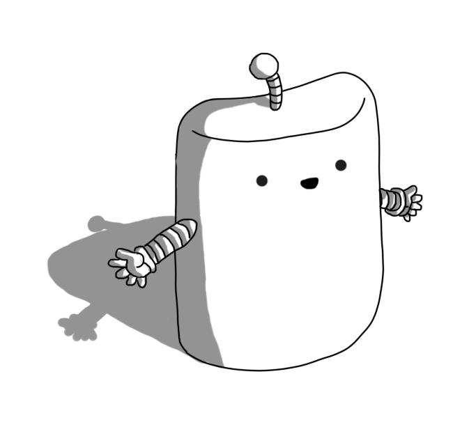 An oblong robot that is very slightly curved and rounded, like a hip flask, with two banded arms and an antenna on the top. It's smiling and holding out its arms.