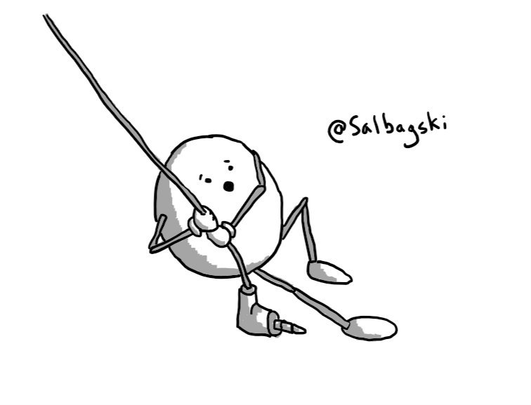 A round robot swinging into frame using a laptop power cable, looking alarmed.