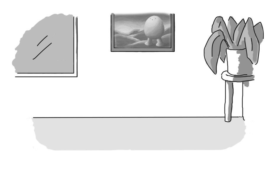 An empty room. There's a window on the left, a potted plant on a small end table on the right, and in the centre hangs a picture of Bigbot at sunset.