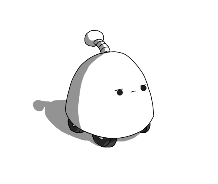A dome-shaped robot with four wheels on its base and a banded antenna on its top. It has a determined expression on its face.