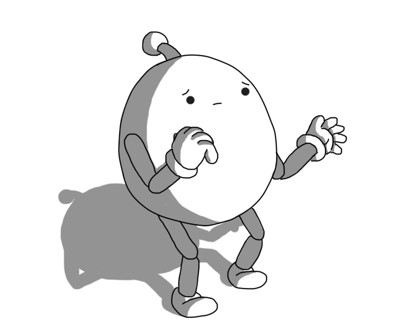 A rounded robot with jointed arms and legs and an antenna. It has a concerned expression on its face and is holding out one hand while raising the other to its face.
