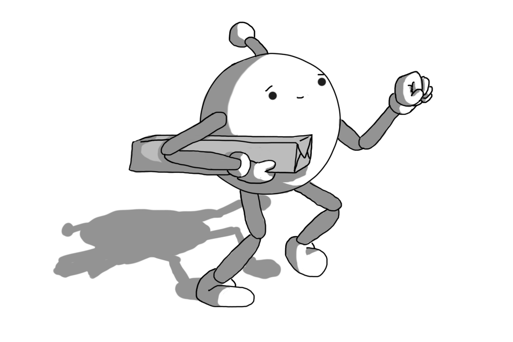 A spherical robot with jointed arms and legs and an antenna, creeping along and lifting one hand to knock. Under its other arm it's carrying a long, cuboid parcel. It's expression is carefully neutral.