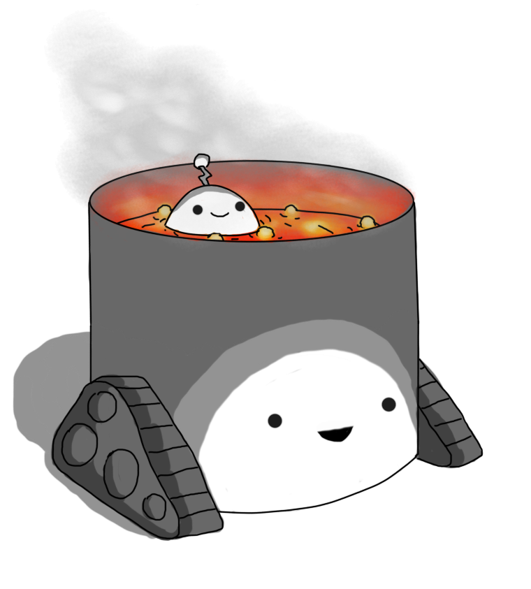 A version of yesterday's Engagementbot picture, but now panned down to show that the vat full of glowing orange fluid was actually the top of a second cylindrical robot on a pair of caterpillar tracks, with a smiling face on the front. Engagementbot itself is no longer suspended in the air, but is now happily floating in the vat.