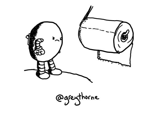 An ovoid robot stands on a toilet lid with its hands on its hips, frowning grumpily at a toilet roll hanging with its loose end closest to the wall. A little flick switch is visible on the robot's back.