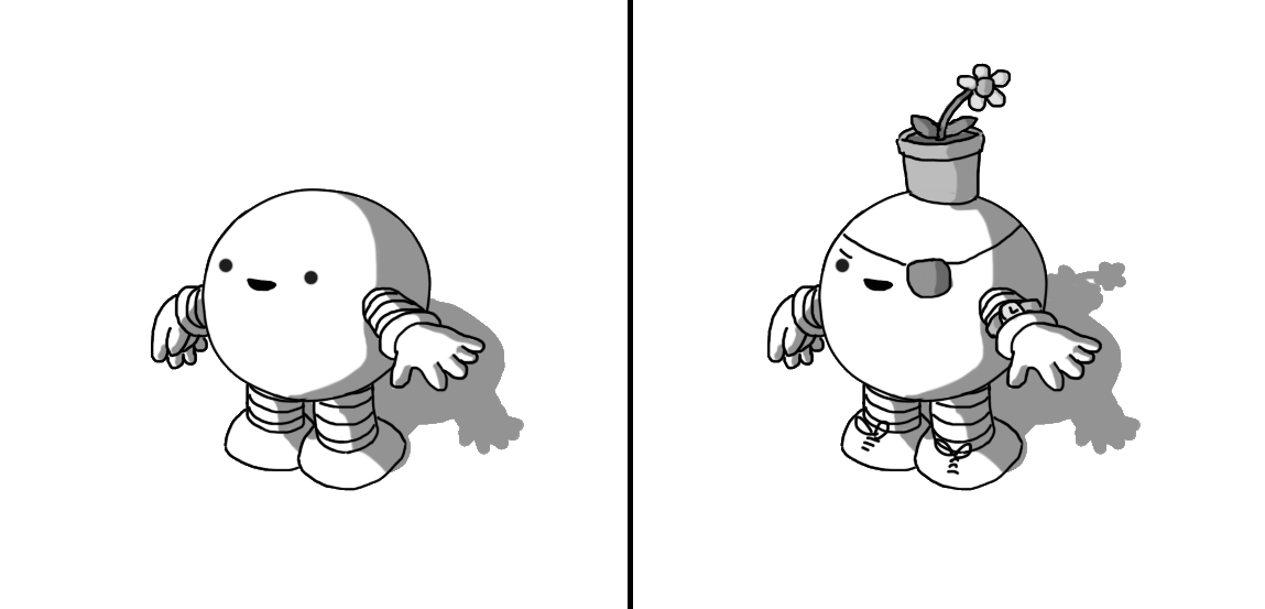Two spherical robots with banded arms and legs. The robot on the right is cheerful and unadorned, where its counterpart to the left is identical save for having shoelaces on its feet, a wristwatch, an eyepatch, a downward-slanted eyebrow indicating its malevolence, and a flowerpot - complete with flower - balanced on its top.