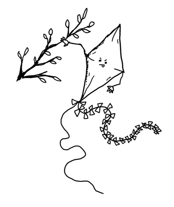 a robot shaped like a classic child's kite but with a face in the middle and little jointed arms protruding from its lateral corners, one of which is fending off a tree branch. it has a very determined expression on its face, with its little tongue sticking out.