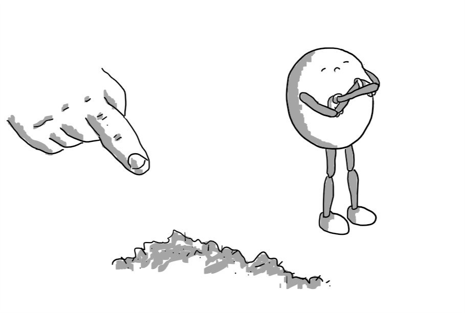 A round robot with jointed limbs closing its eyes and pouting, arms folded, as someone points at some moss.