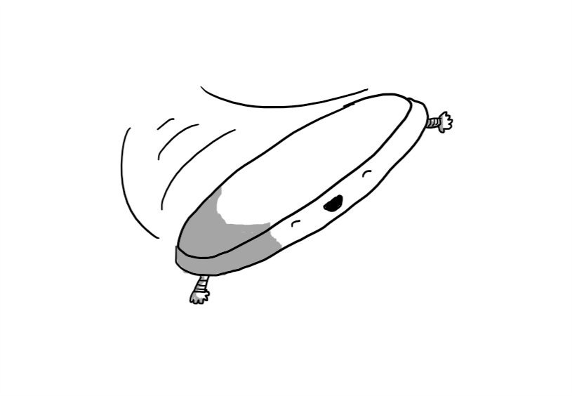 A joyous, disc-shaped robot flying through the air. It has a face on its leading edge and two little arms hanging down.