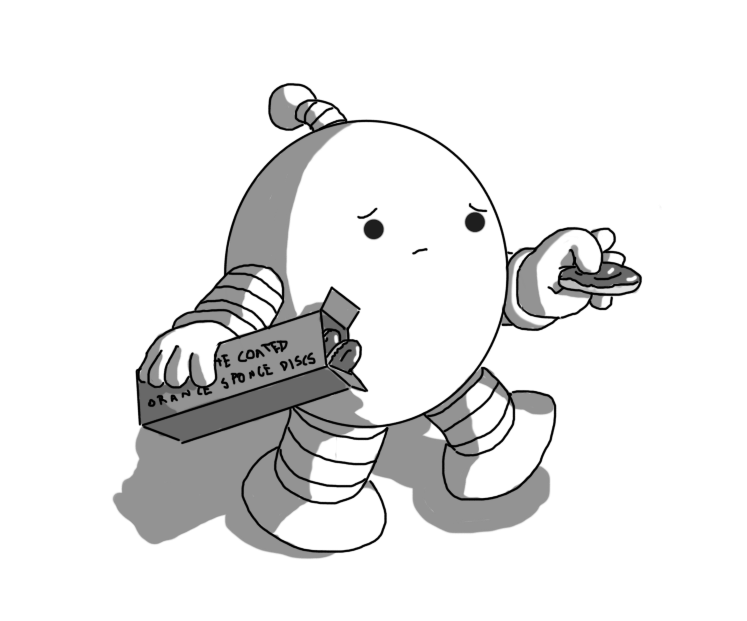 A round robot with banded arms and legs and an antenna, holding a rectangular box labelled "CHOCOLATE COATED ORANGE SPONGE DISCS" in one hand, while the other delicately proffers one of said discs. It has a concerned expression on its face.