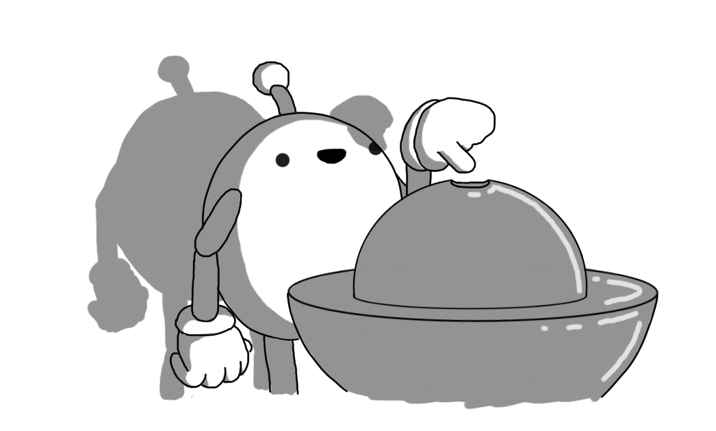 An ovoid robot with jointed arms and legs and an antenna. It's standing beside a metal object consisting of a solid hemispherical shape with its flat edge oriented upwards, and a slightly smaller sphere half-embedded in that that has a little divot on the top. It's a drawing of the 'demon core', the highly-radioactive mass of nuclear material manufactured by the Manhattan Project that was originally intended to be the fissile core of an atomic bomb, but was later used for testing and experimentation, and was responsible for the deaths of at least eight people in the process. The robot is smiling vacantly and pointing at the core, and the shading on the robot implies it's giving off a fierce glow (which it didn't in real life, of course).