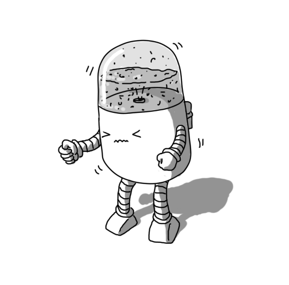 A sort of capsule shaped robot with a transparent dome making up its top section. In that section is an agitated liquid and the robot, which has banded arms and legs, seems to be straining to make this happen, its eyes screwed tight and its mouth represented by a zigzag line. It has a little tap on its back, presumably to dispense the liquid.