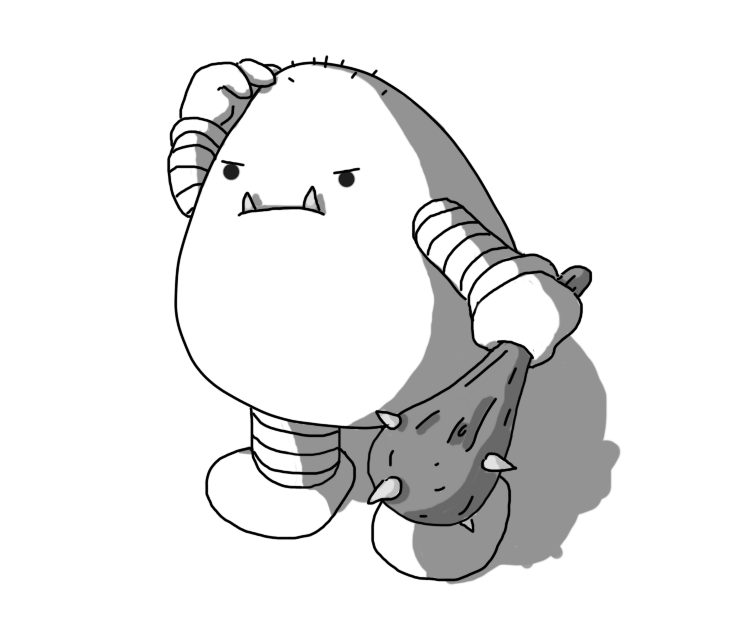 A robot shaped like a sort of rounded pyramid with banded arms and legs. It's carrying a big spiked, wooden club and has a pronounced underbite with protruding tusks. On its head are a few scraggly hairs and it's frowning grumpily and scratching at them.