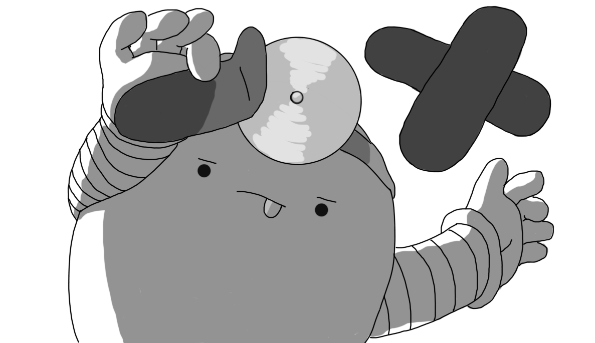 An ovoid robot with banded arms, viewed from the waist up, looking directly at the frame. It's wearing an old-fashioned doctor's head mirror and sticking its tongue out in concentration as it adheres a plaster (band-aid) to the screen. Another two are already in place, formed into a cross, blocking part of the view.