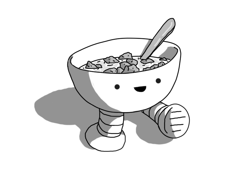 A robot in the form of a bowl of cereal with a spoon in it, with two banded legs. It's walking forward cheerily.