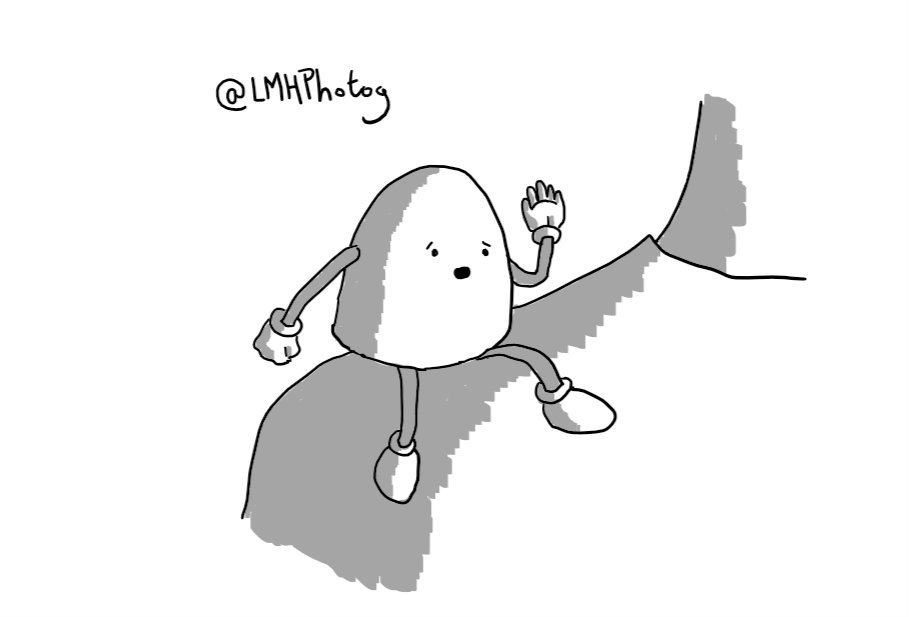 A round-topped robot sitting on someone's shoulder, hand raised to its face as if making an aside to them.