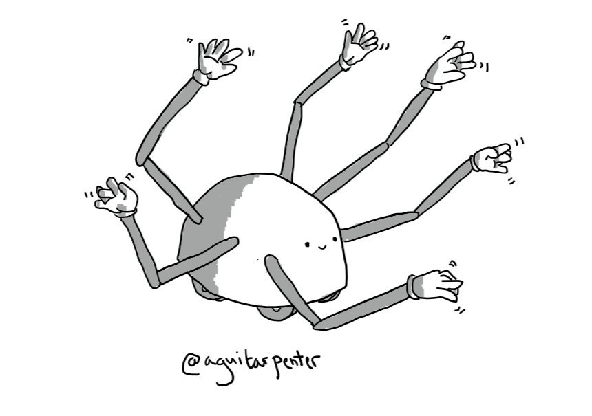 A dome-shaped robot with four wheels on its base and six long, jointed arms set along its side. All of its fingers are wiggling in anticipation.