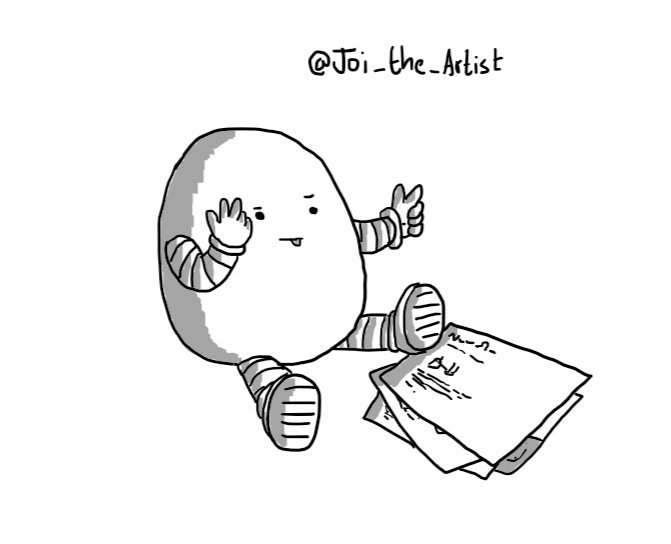 An avoid robot sitting down next to a sheaf of papers that show the Notokaybot crochet pattern, counting on its fingers as it sticks its tongue out in concentration.