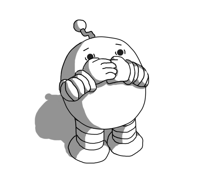 An ovoid robot with banded arms and legs and a zigzag antenna, holding its hands to its mouth as its eyes widen in panic.