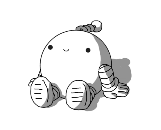 A spherical robot with banded arms and legs and a coiled antenna, sitting on the ground and smiling. Simple as that.