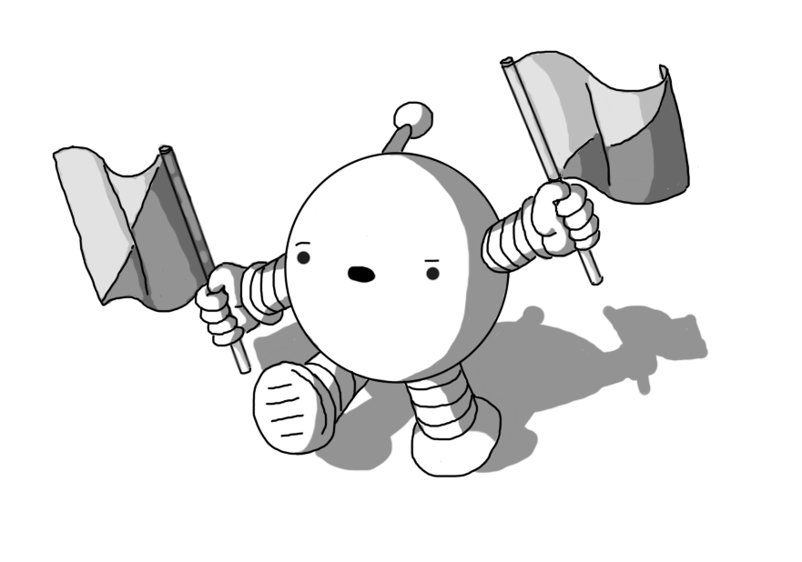 A spherical robot with banded arms and legs and an antenna. It's holding a flag in each hand, waving them somewhat uncertainly.