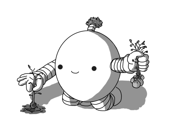 A round robot with banded arms and legs and an antenna with foliage on the end. It's kneeling on the ground, holding a bundle of saplings in one hand as it lowers another into a little hole in the ground.