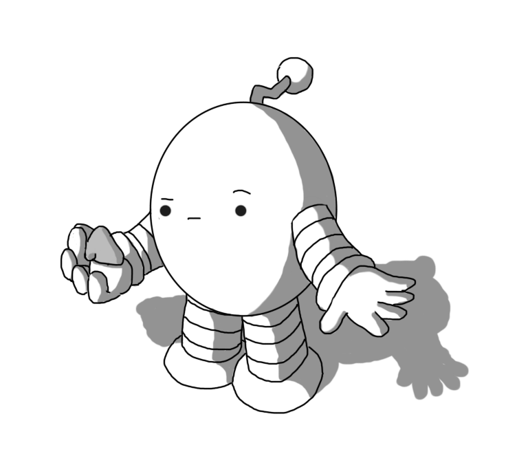 An ovoid robot with banded arms and legs and a crooked antenna, holding a small human nose in its hand and looking at it in confusion.