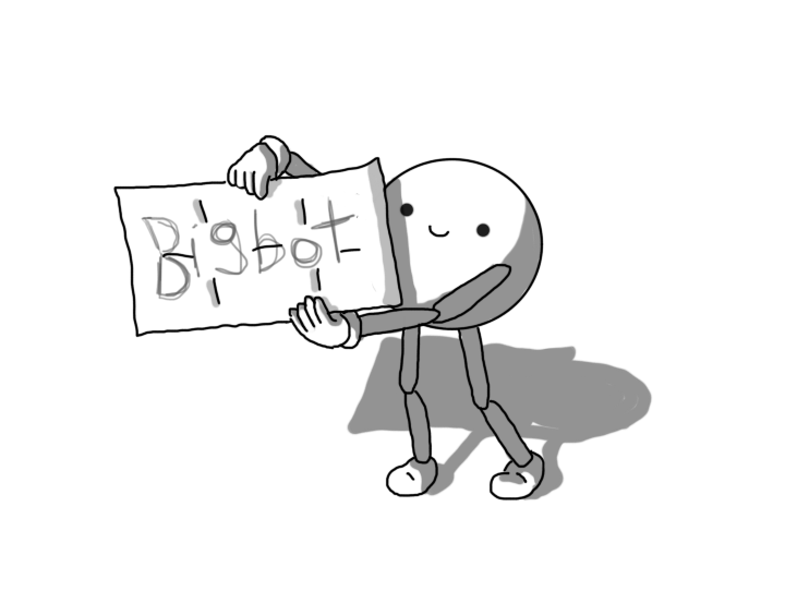 A smiling, spherical robot with jointed arms and legs, holding up a rectangular sheet of paper that has been folded several times, and on which is scrawled 'Bigbot'.