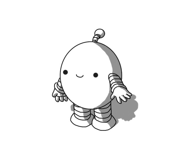 An animated GIF of a smiling, ovoid robot with banded arms and legs and an antenna, disappearing into the ground. It's antenna bobble gets stuck and it pops the antenna up and tries again, then disappears. After a couple of beats, it rises back up again.