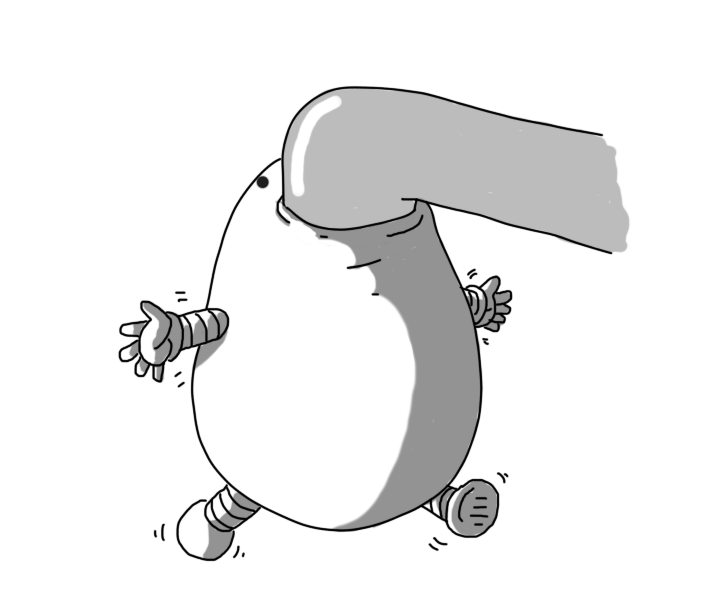 The nozzle of a tap, from which a robot is hanging by its mouth. The robot is amorphous, as if being filled with water, and it has little banded arms and legs that are waving back and forth.