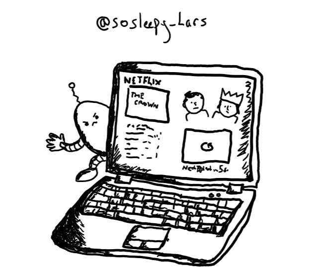 a laptop showing another episode of The Crown on Netflix queuing up with a small ovoid robot peering round the screen waving and making a very grumpy face.