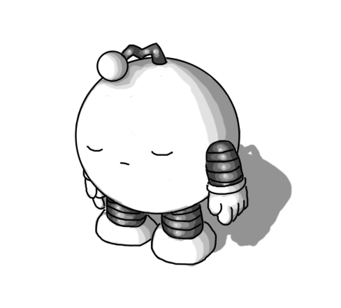 A spherical robot with banded arms and legs and a zigzag antenna. It's standing motionless, antenna drooping, with its eyes closed and its face impassive.