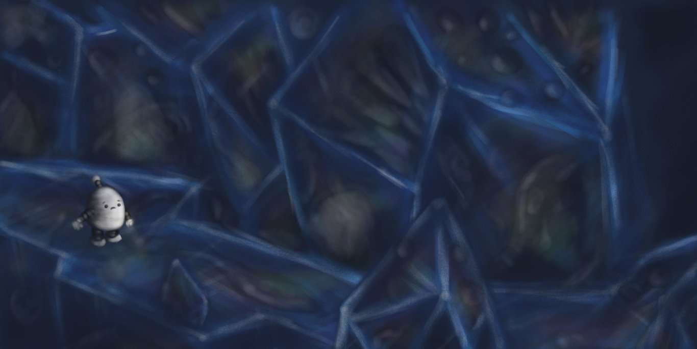 A colour picture of a round-topped robot in a strange, dark, crystalline environment. It's standing at the end of a narrow, jagged walkway, surrounded by faceted walls and crystal growths that shimmer faintly with rainbow colours. Within the facets, in addition to its own dim reflections, are weird, eldritch images: reflective eyes, tentacles, fanged mouths. etc. Understandably, the robot looks quite worried.