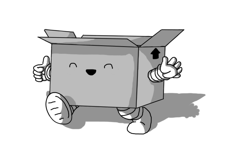 A robot in the form of a cardboard box. It's open at the top and has banded legs on the bottom and arms on either side. It's walking forward, one hand waving, the other one doing a thumbs-up. The robot is smiling happily with its eyes closed. There is an arrow on one side of it, indicating the direction of its top.