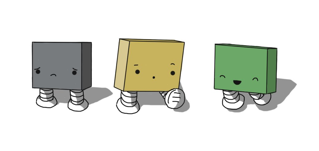 Three robots shaped like flattened cubes on their edges, with banded legs on their undersides. A grey robot is looking sad, a beige robot looks interested and quizzical, and a green robot is smiling with its eyes closed and jumping into the air.