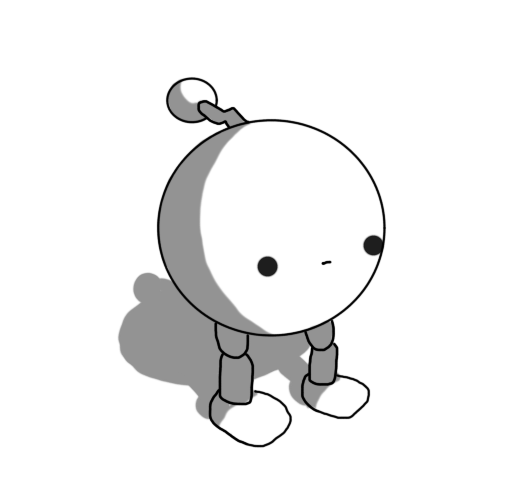 A spherical robot with jointed legs, a zigzag antenna and a blank expression on its face.