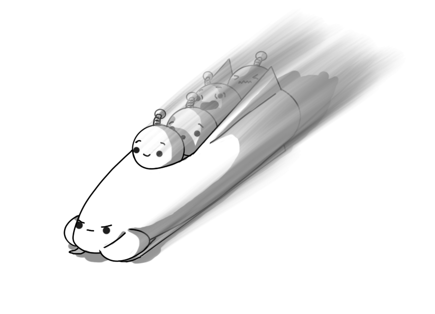 A robot in the form of a bonsleigh, with a determined face on its front. There are four Bobbots riding in it, with various facial expressions: the one at the front looks happy, but perhaps a bit apprehensive, the one behind looks worried, the one behind that is wailing in terror, and the one at the back has its eyes screwed shut and a zigzag mouth. The whole image has had motion blur added, so it appears to be traveling very fast.